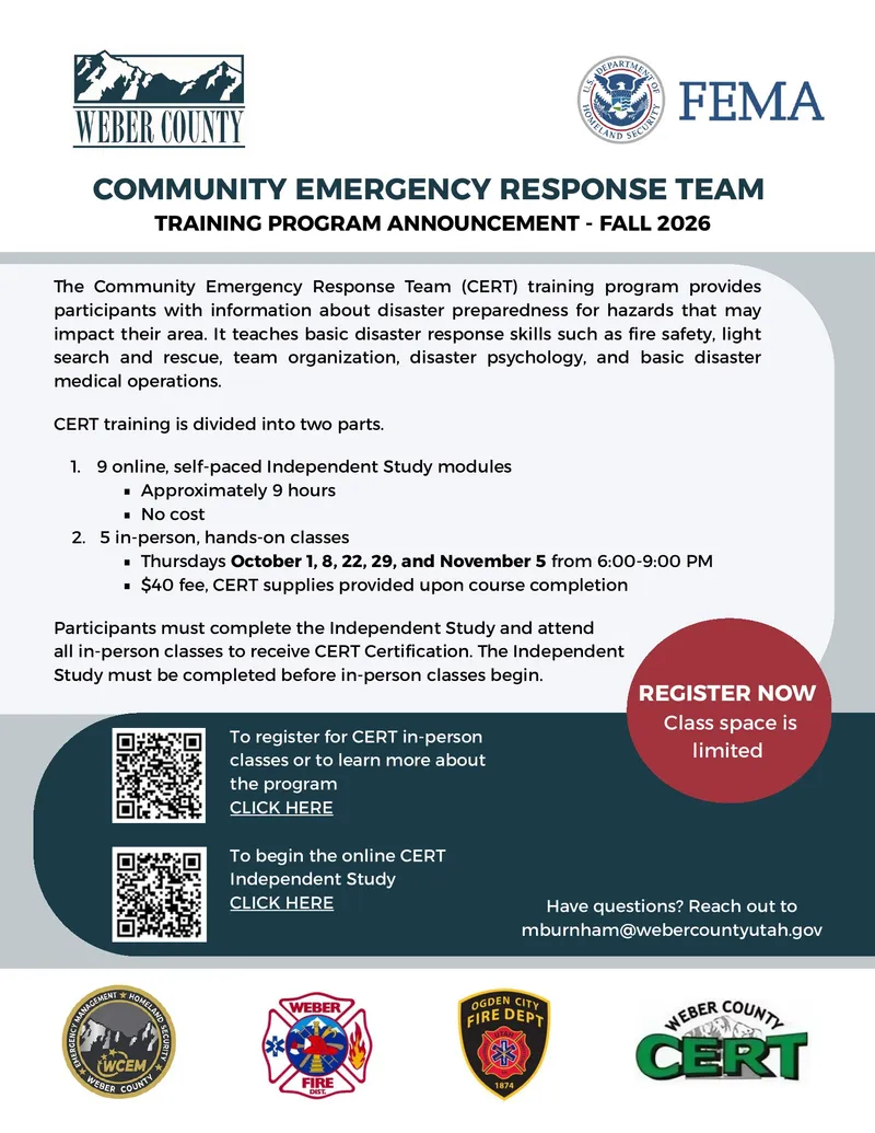 Weber County 2026 CERT Basic Training flyer: online course plus in-class, hands-on training