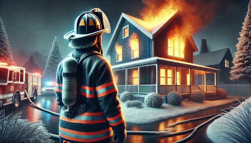 A firefighter in front of a burning house
