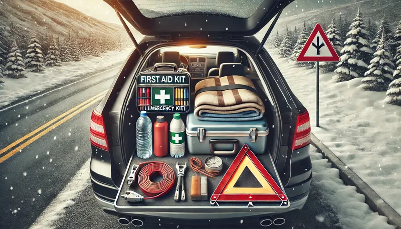 An open car trunk packed with an emergency kit